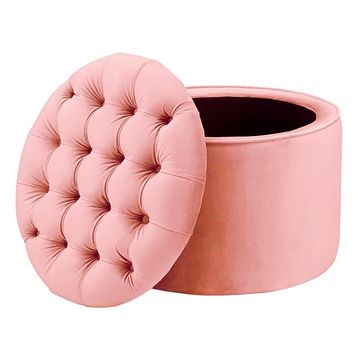 Baroque Tufted Lid Round Ottoman With Storage Pink Velvet