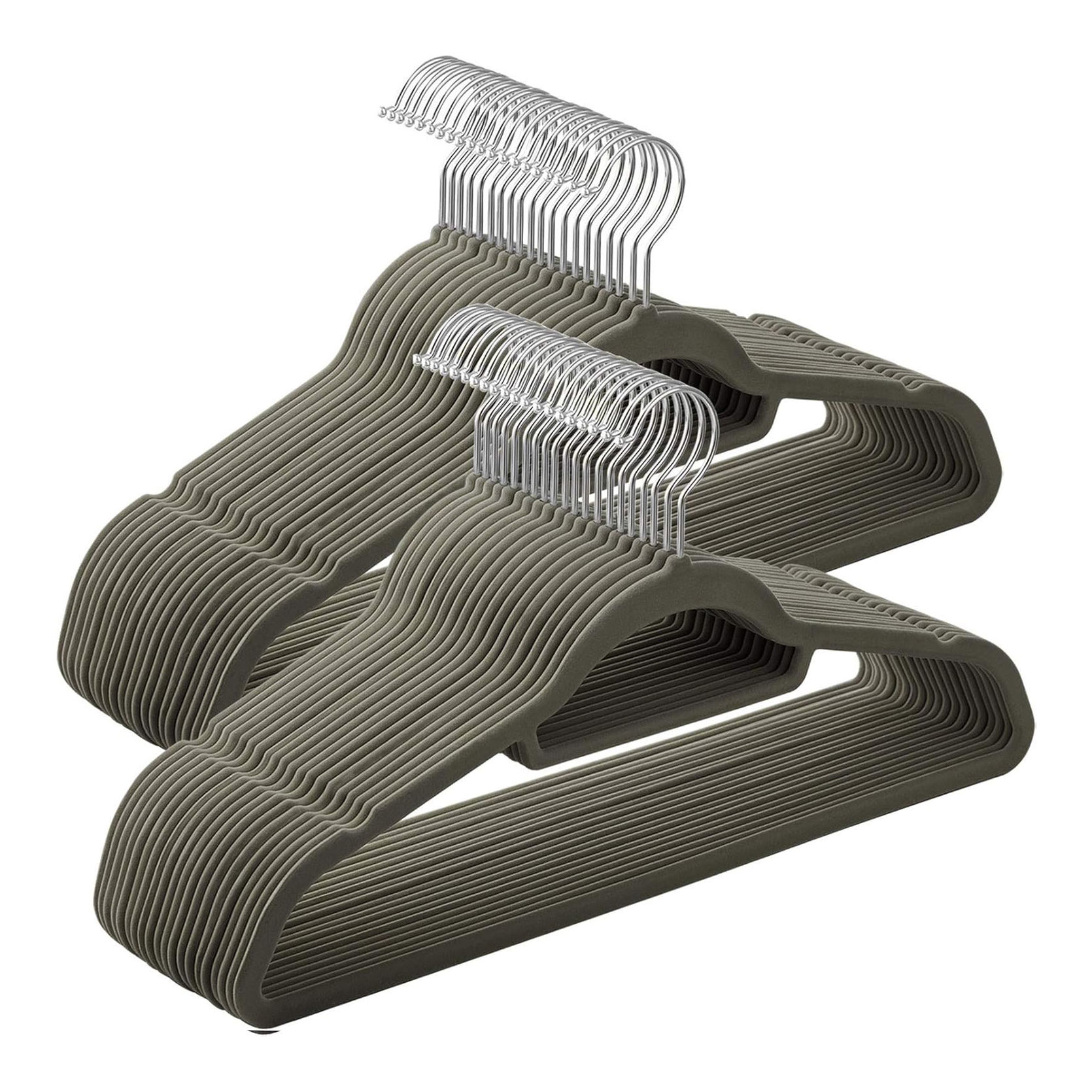 50-PACK VELVET HANGERS, NON-SLIP, TIE BAR, 360 SWIVEL HOOK, SILVER/GREY