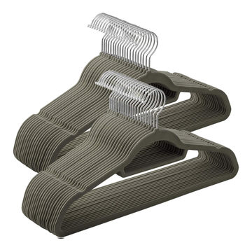 50-PACK VELVET HANGERS, NON-SLIP, TIE BAR, 360 SWIVEL HOOK, SILVER/GREY