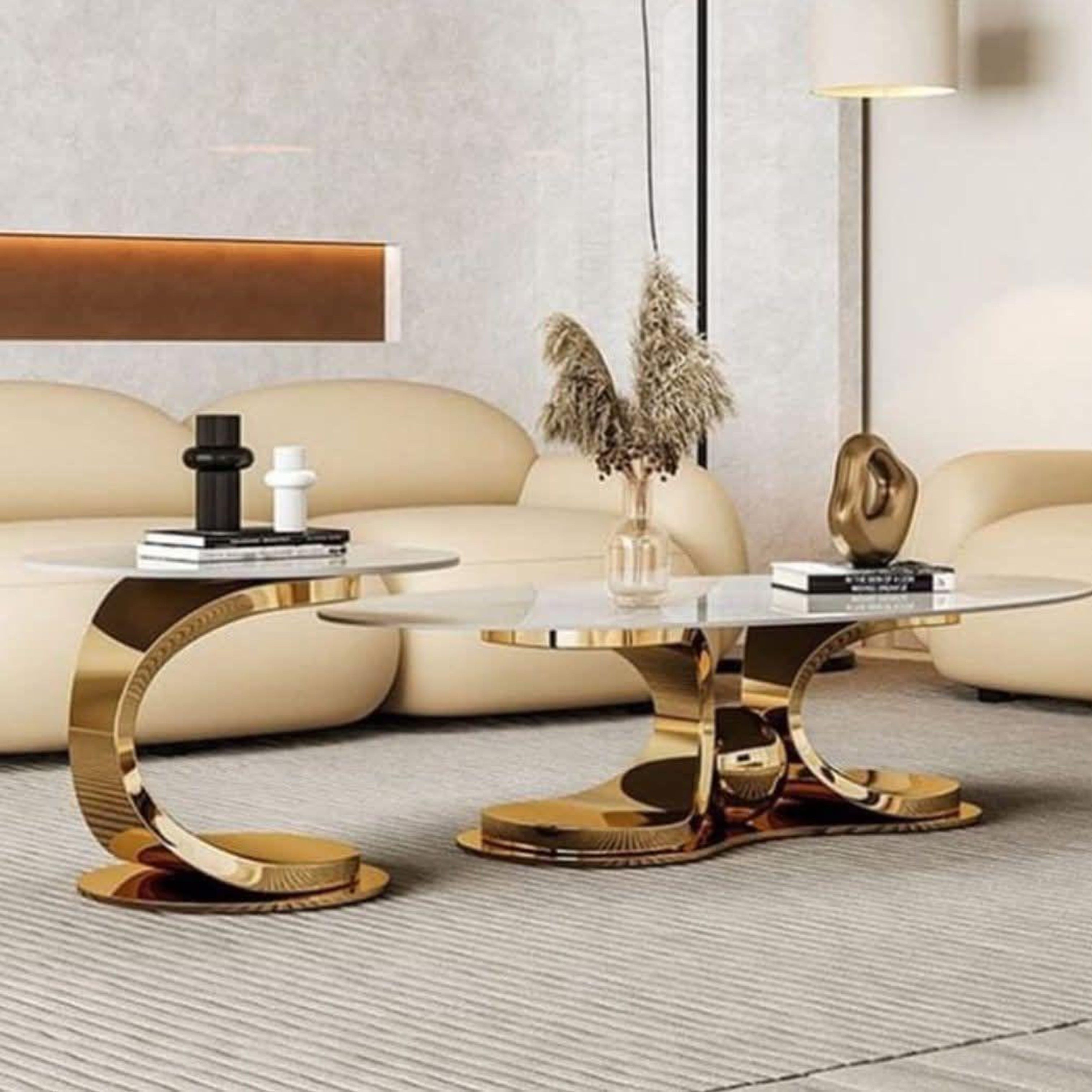 Madiega Furniture - Gold‑Curved Oval Marble Nesting Coffee Tables