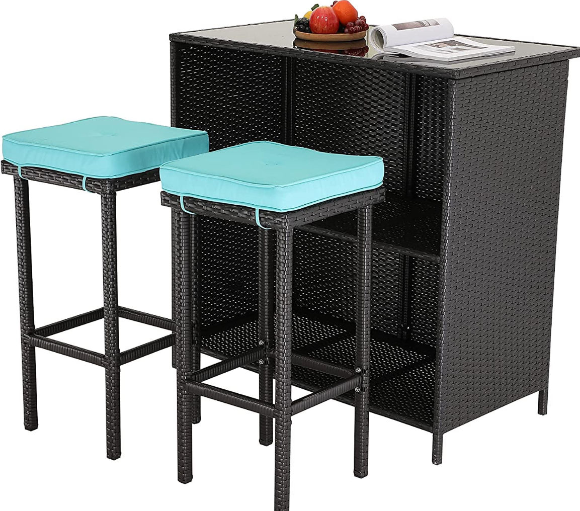3pc Wicker Outdoor Patio Bar Set with Glass Top & Turquoise Cushions