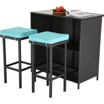 3pc Wicker Outdoor Patio Bar Set with Glass Top & Turquoise Cushions