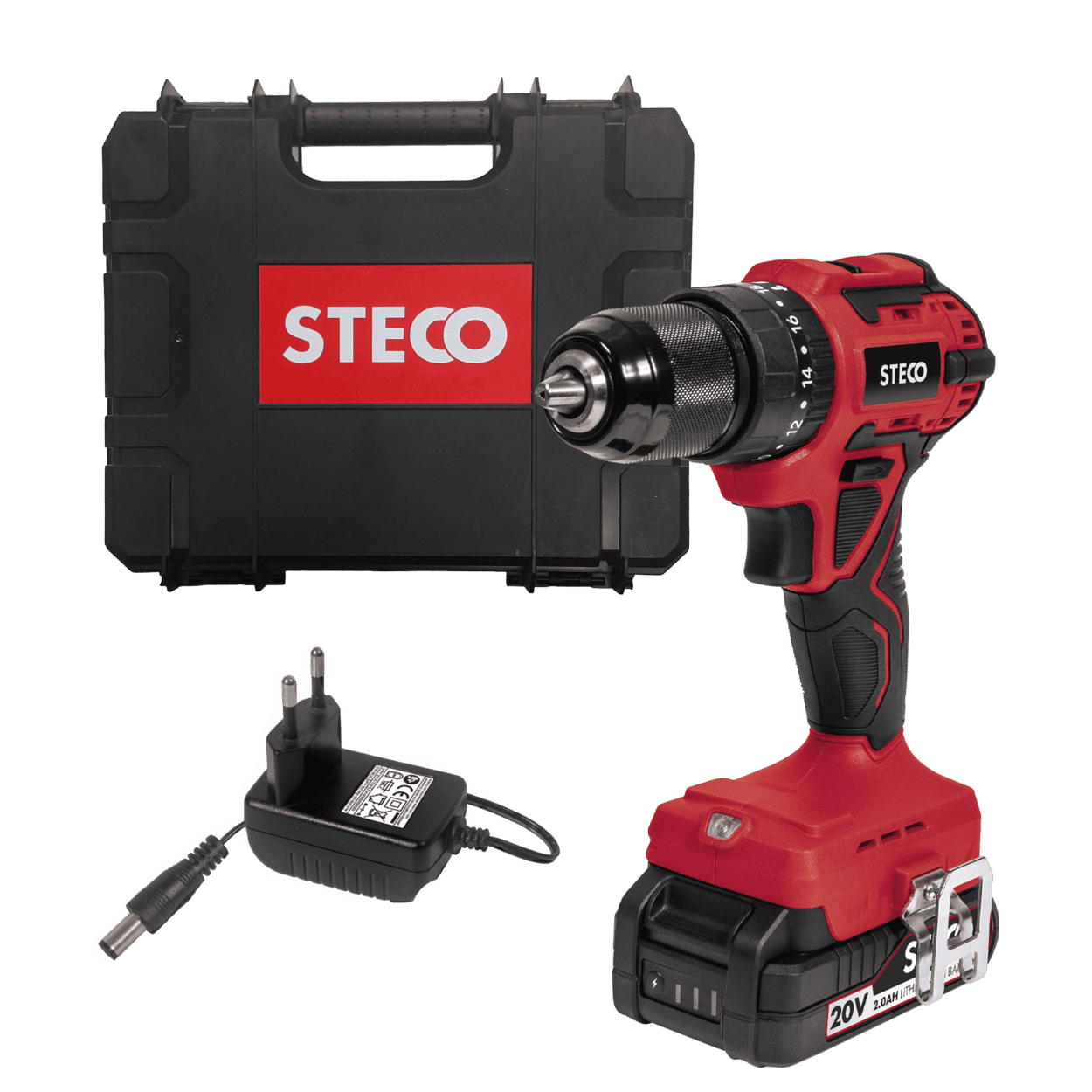 STECO 20V CORDLESS IMPACT DRILL KIT, WITH 0.5A CHARGER, 2AH LITHIUM-ION BATT & BLOW MOULD CARRY CASE