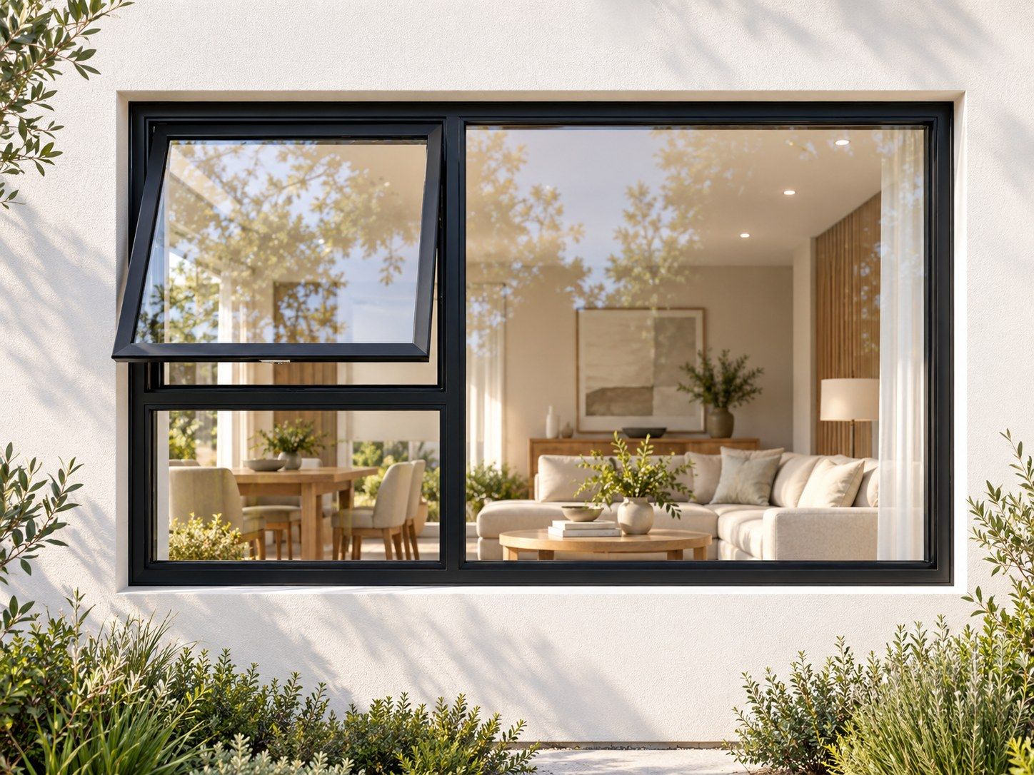 Kenzo Premium Top-Hung Aluminium Window - Black, 1500 900 mm, Left Upper Opener with Fixed Lower and Side Panes, Clear Glass