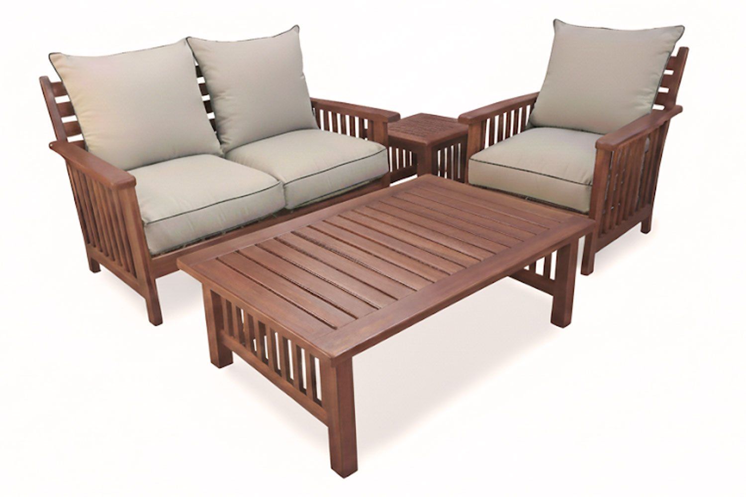 Zambezi Teak Lounge Set 4-Piece 3-Seater 1 1-seater 1 Two-Seater Coffee Table Side Table (Beige Cushions)