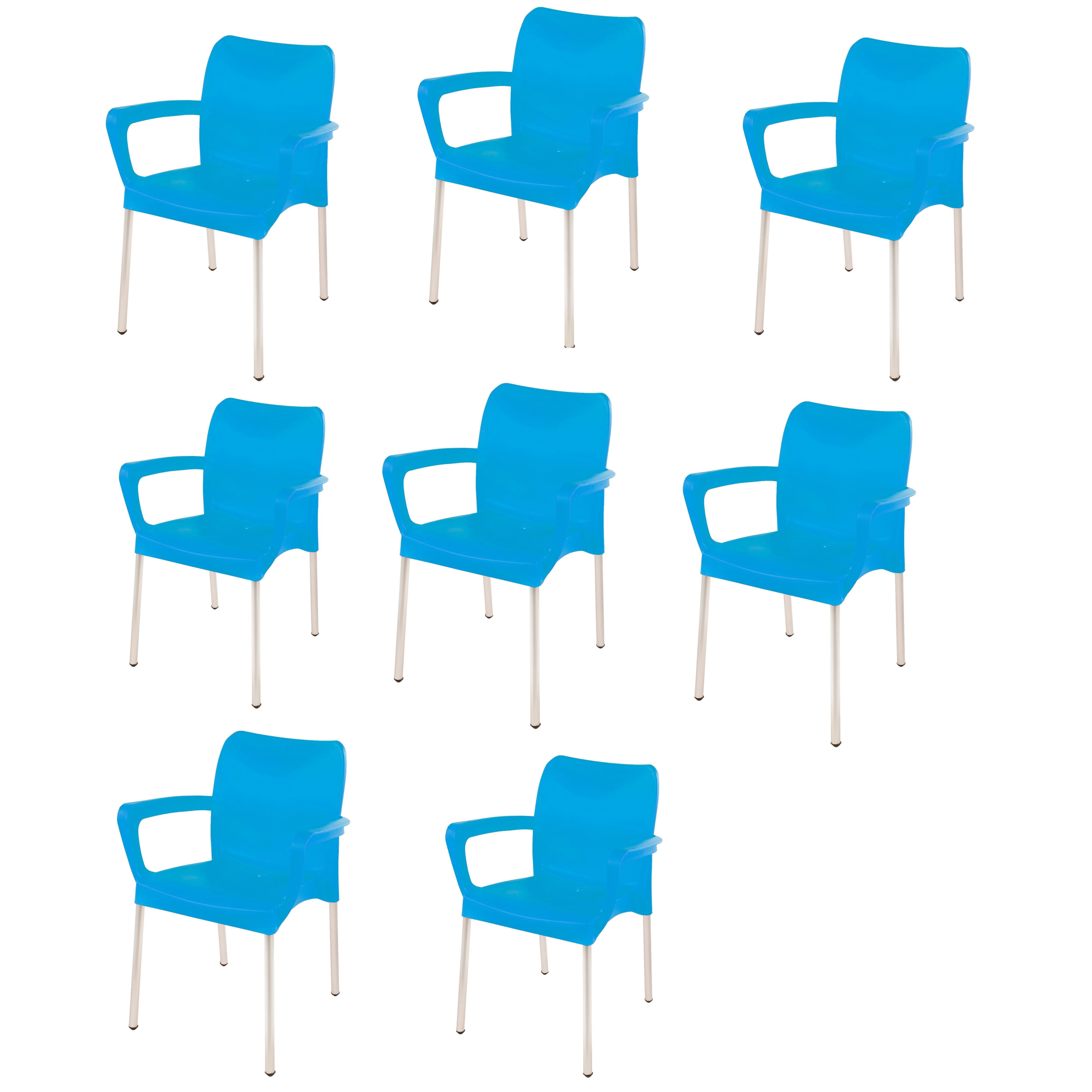 Heavy Duty Plastic Stacking Chair – Bistro Design with Armrests - Sky Blue - Set of 8