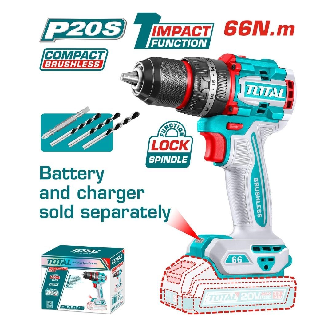 Total Brushless Cordless Impact Drill 20V 2000Rpm 66Nm 13Mm Excl B/Ch- 4 Pack