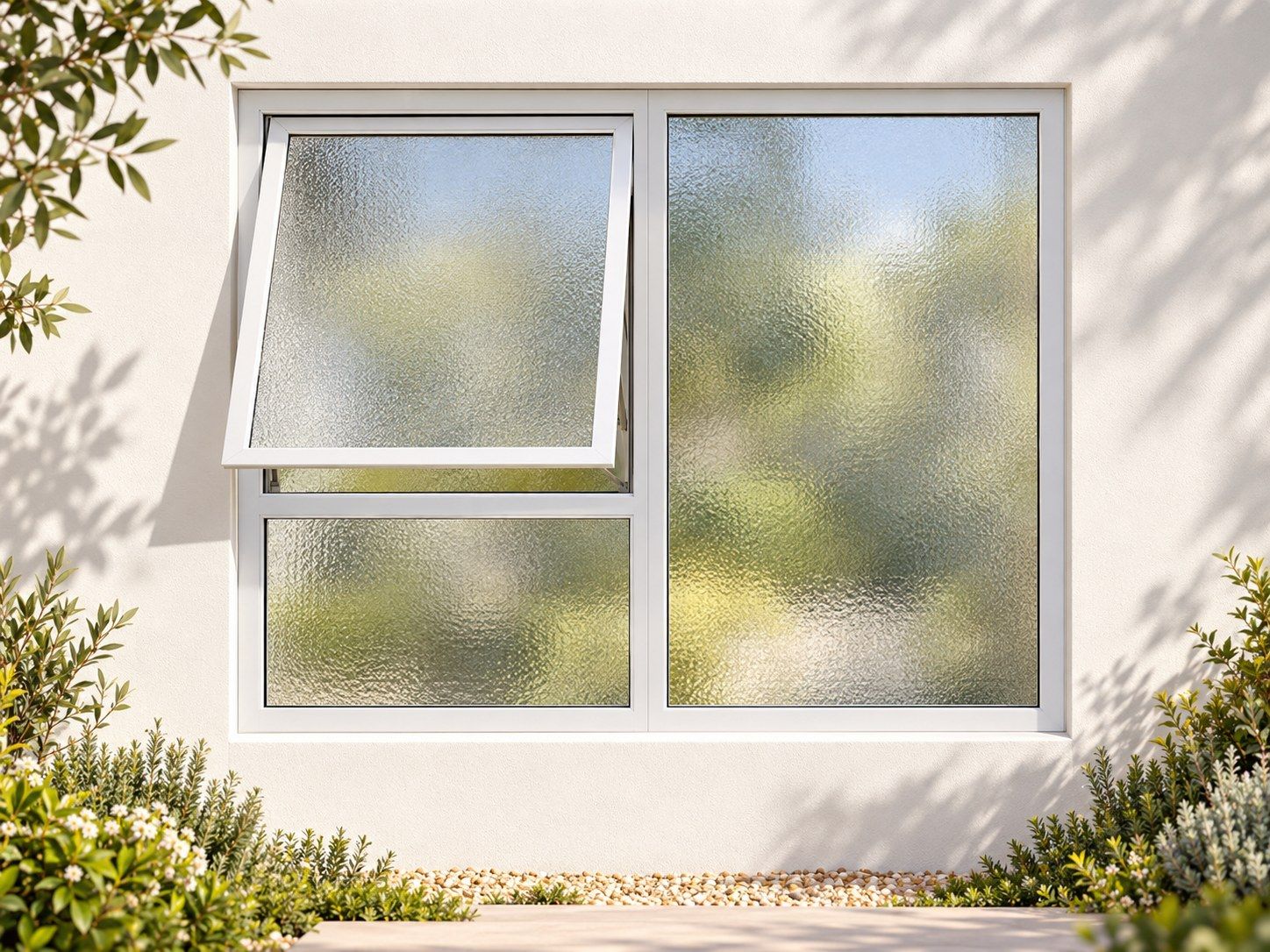 Kenzo Premium Top-Hung Aluminium Window - White, 1200 900 mm, Left Upper Opener with Fixed Lower and Side Panes, Obscure Safety Glass