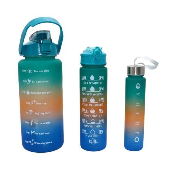 Set of 3 Motivational Water Bottles - Green, Orange and Blue