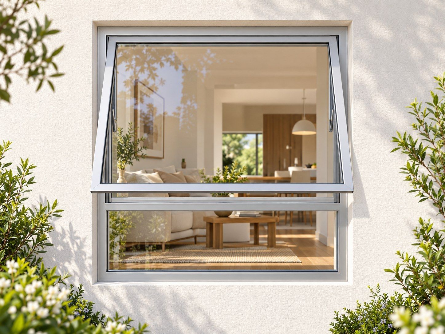 Kenzo Premium Top-Hung Aluminium Window - Silver, 900 900 mm, Upper Opener with Fixed Lower Pane, Clear Glass