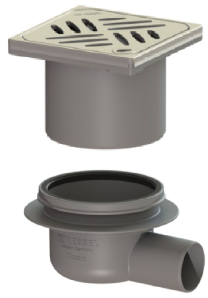 KESSEL Outside Drain, Stainless steel Design cover, '' Kessel' with 50mm Horizontal outlet.