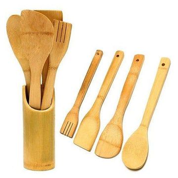 Natural Bamboo Cooking Spoon Set with Stand - 02