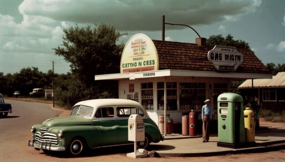Canvas Wall Art - Canvas Wall Art – Gas Station in the 60s - B1161 - [120 x 80 cm]