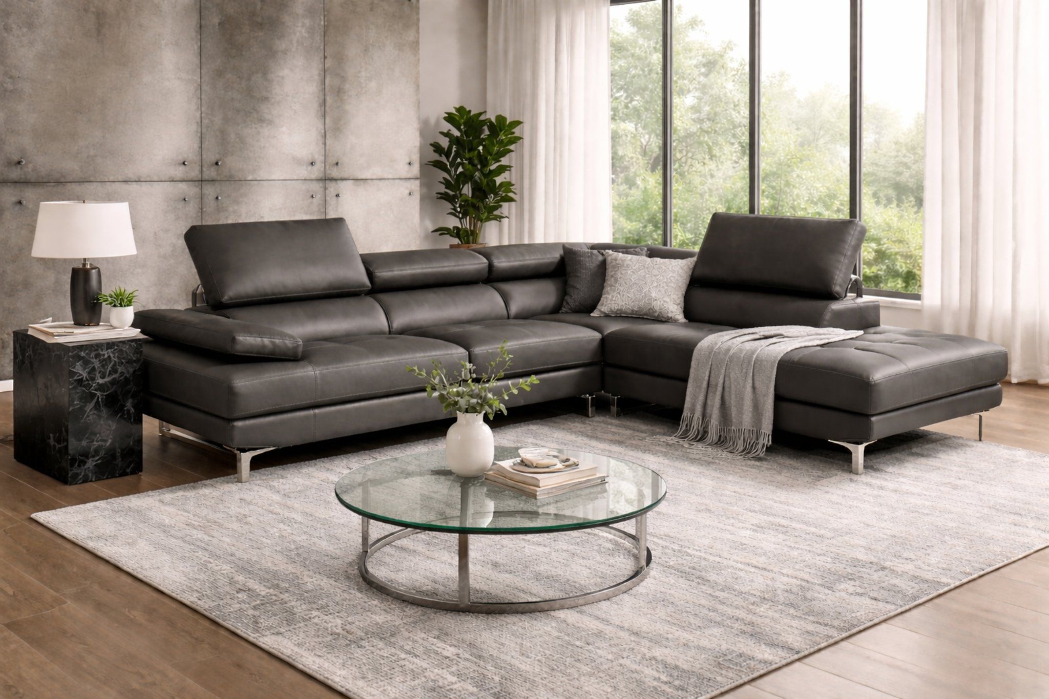 ASHER- Luxury L-Shaped Sectional Sofa –Grey PU Leather