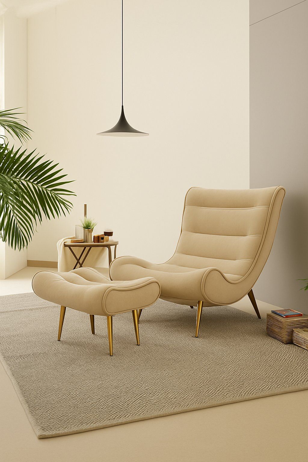 IG Furn - Velvet Relax Chair and Stool Beige