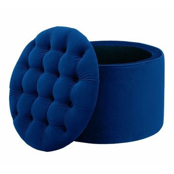 Baroque Tufted Lid Round Ottoman With Storage Blue Velvet