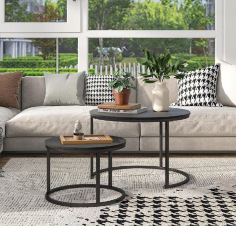 2 Black Round Nesting Table Set for Living Room Modern Minimalist Style End Table