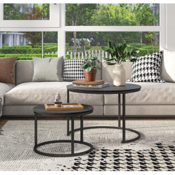 2 Black Round Nesting Table Set for Living Room Modern Minimalist Style End Table
