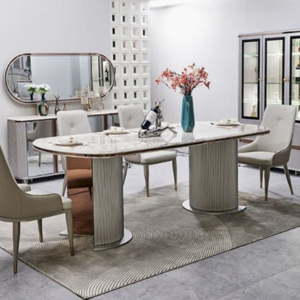 Eleanor Modern 8-Seater Marble Dining Table with Ribbed Pedestal Bases