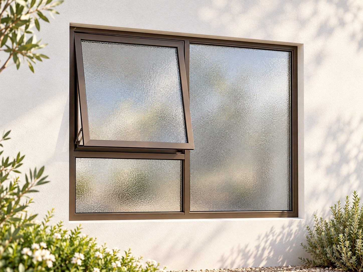 Kenzo Premium Top-Hung Aluminium Window - Bronze, 1200 900 mm, Left Upper Opener with Fixed Lower and Side Panes, Obscure Safety Glass