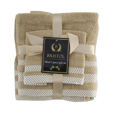 Plush 3 Piece Set - Bath Towel, Hand Towel and Face Cloth - 100% Cotton - Pebble