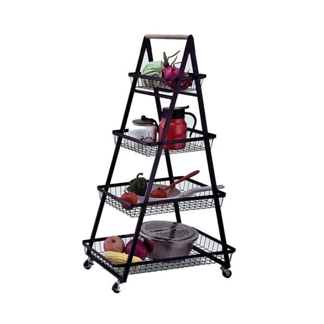 4-Tier A-Frame Kitchen Rack – Mobile Wire Basket Organizer- black