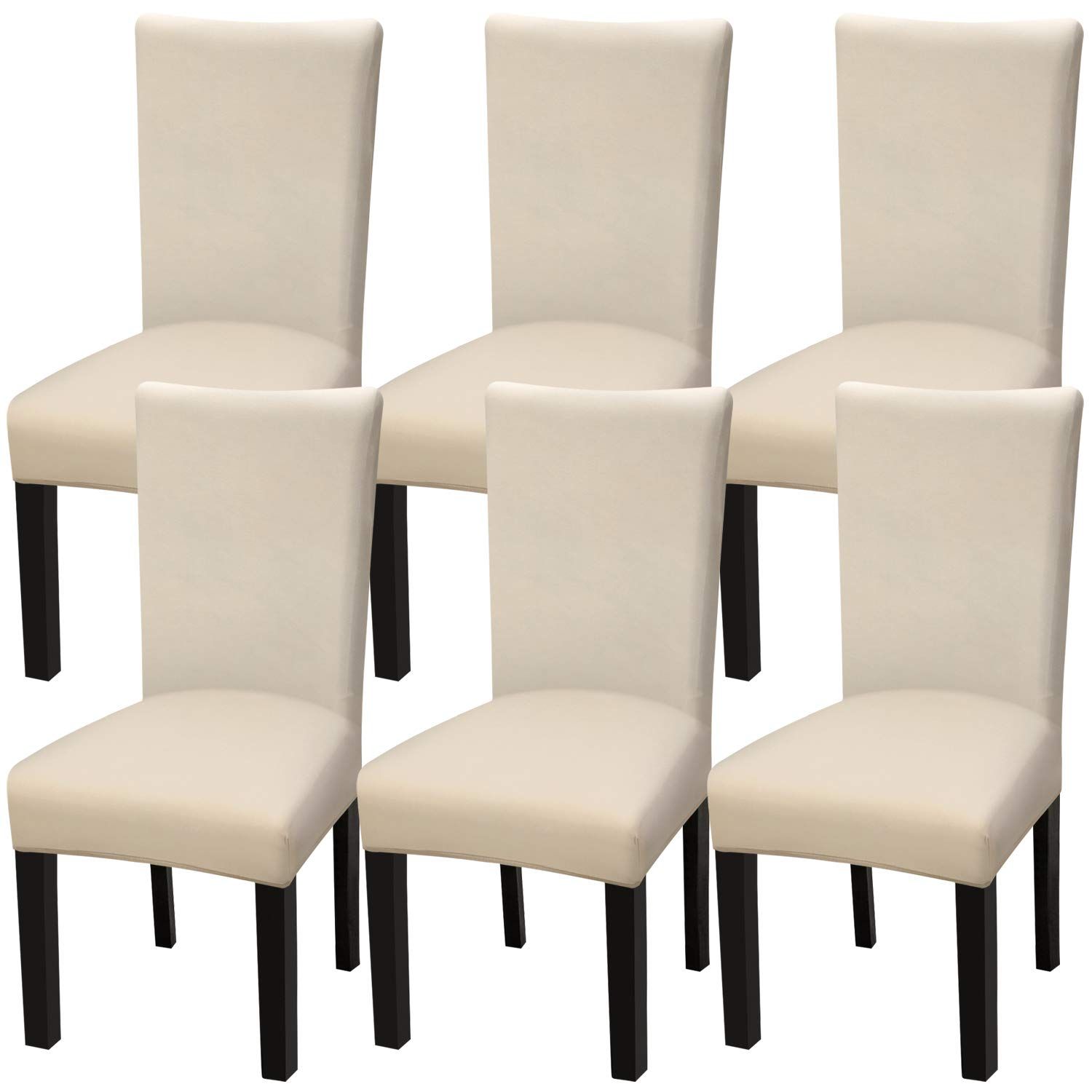 Washable Dining Chair Covers Set of 6 - Beige  Elasticated Smooth Removable