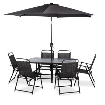 Hazlo 8 Piece Outdoor Folding Dining Round Glass Patio Table Chair Set with Umbrella - Black