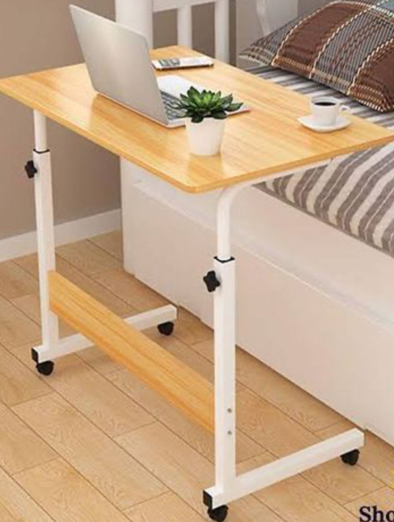Portable Laptop Table with Adjustable Height & Wheels – Wooden Rolling Desk -wood