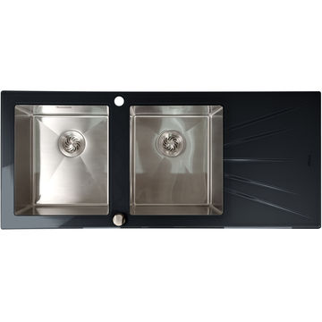 Mahina Double Bowl Glass Kitchen Sinks Black - Silver