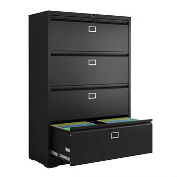 Steel Lateral 4 Drawer Swan Handle Filing Cabinet Cupboard Locker With Card Slots - Black
