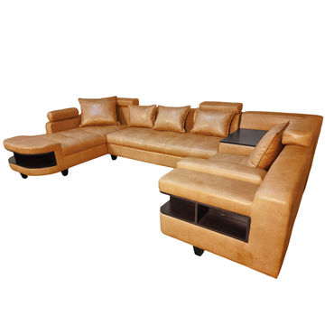 Clarence U Shape Sectional Corner Sofa- Faux Leather-Light Brown
