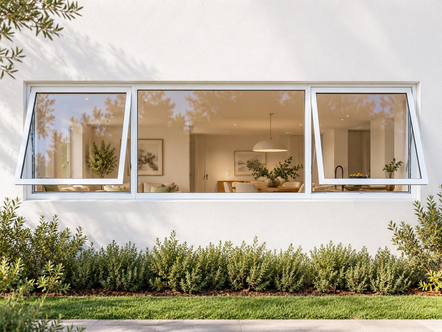 Kenzo Premium Top-Hung Aluminium Window - White, 2400 400 mm, Two Outer Openers with Fixed Centre, Clear Glass