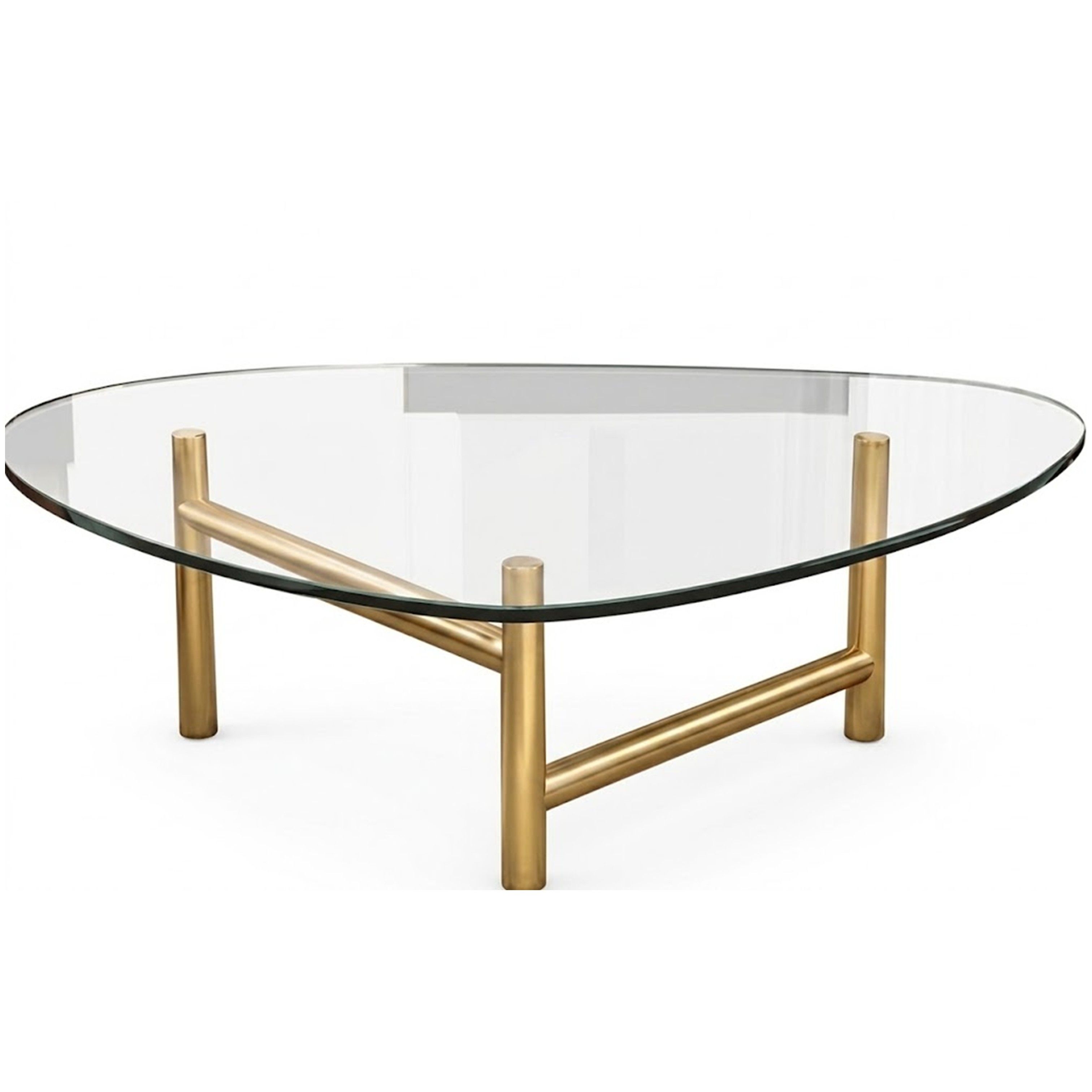 Madiega Furniture - Modern Asymmetrical Triangular Glass Coffee Table with Brushed Gold Brass Base