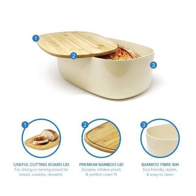 2-in-1 Bamboo Bread Bin and Wooden Cutting Board - Cream
