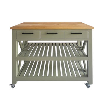 Kimberly Solid Wood Kitchen Island with Oak Finish, Drawers & Shelves / Wooden Kitchen Trolley