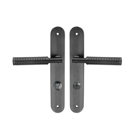 Door handles on plate thumbturn matt grey finish eden 195mm inspire only to be installed in new doors with bathroom/toilet lock body sold separately  