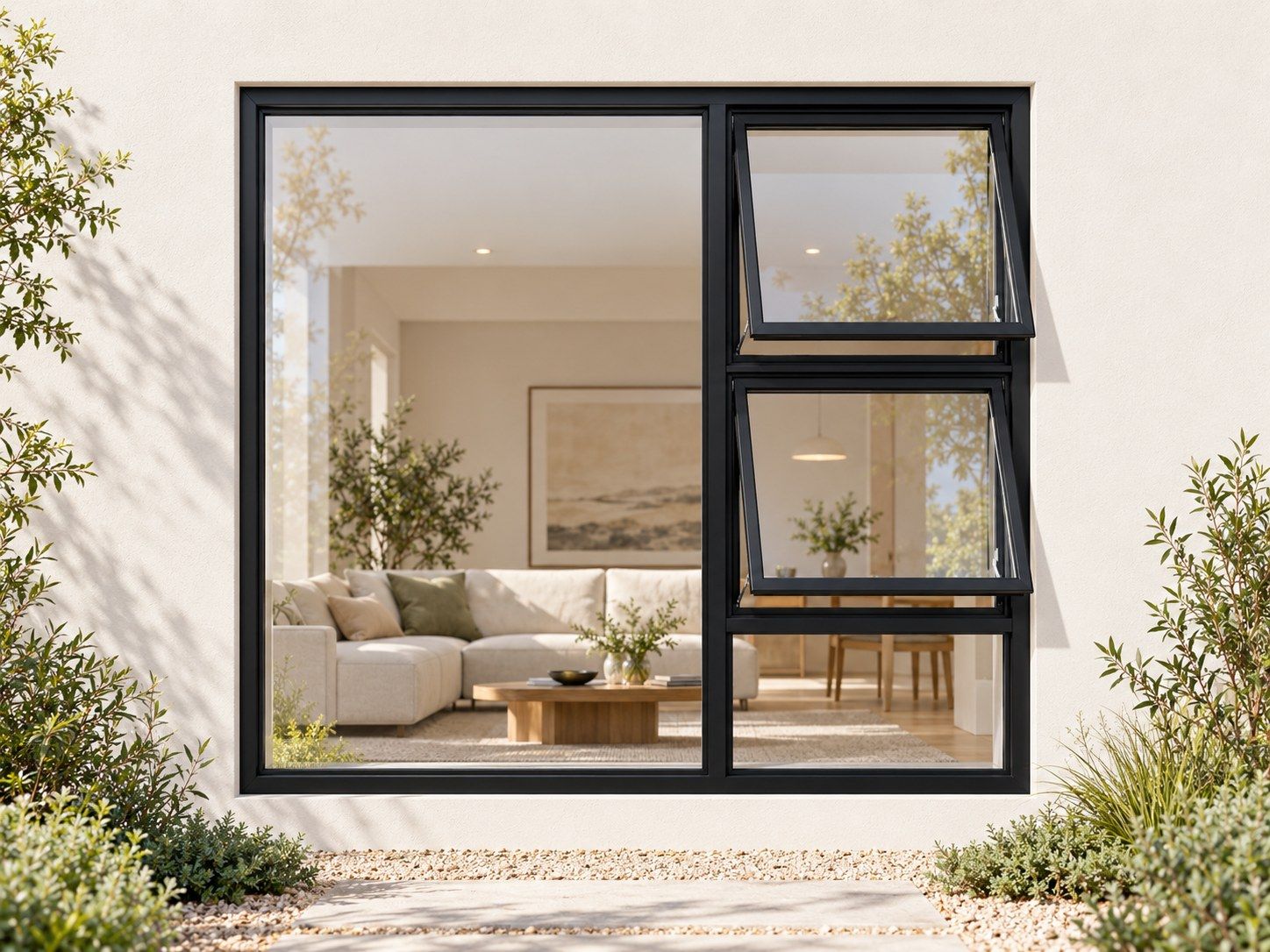 Kenzo Premium Top-Hung Aluminium Window - Black, 1800 1500 mm, Right Two Openers with Fixed Lower and Side Panes, Clear Glass