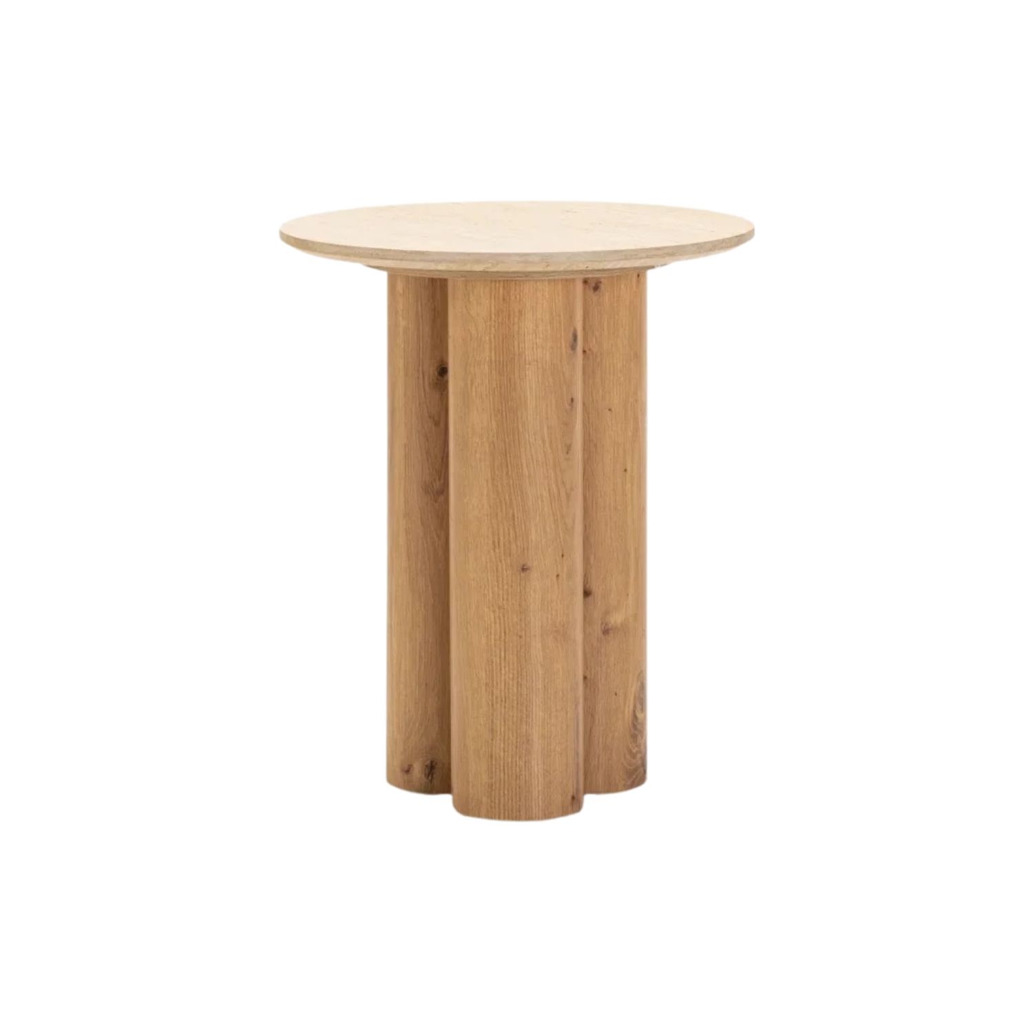 45cm Round Travertine Look Side Table - Oak Base