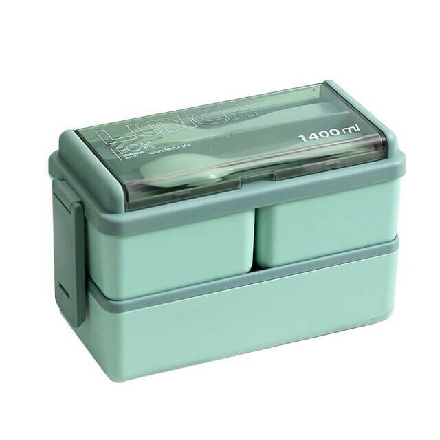 4 In 1 Double Layer Plastic Lunch Box With Cutlery Set - Green