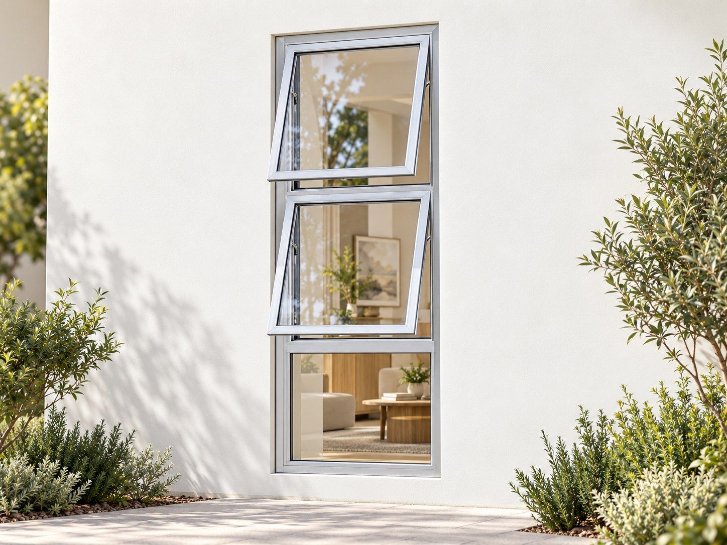 Kenzo Premium Top-Hung Aluminium Window - Silver, 900 1500 mm, Two Stacked Openers with Fixed Lower Pane, Clear Glass