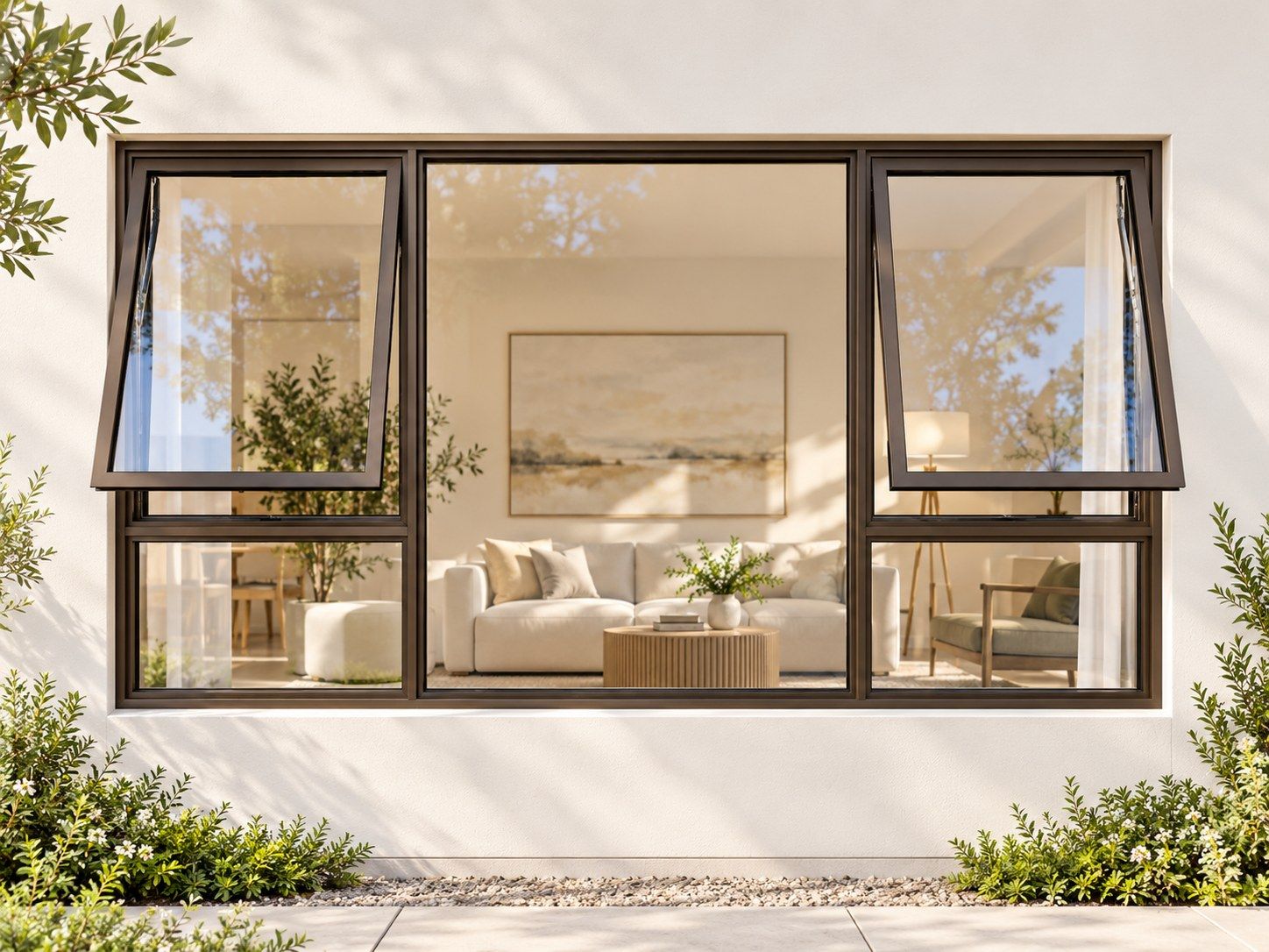 Kenzo Premium Top-Hung Aluminium Window - Bronze, 2400 900 mm, Two Outer Openers with Fixed Centre and Lower Panes, Clear Glass
