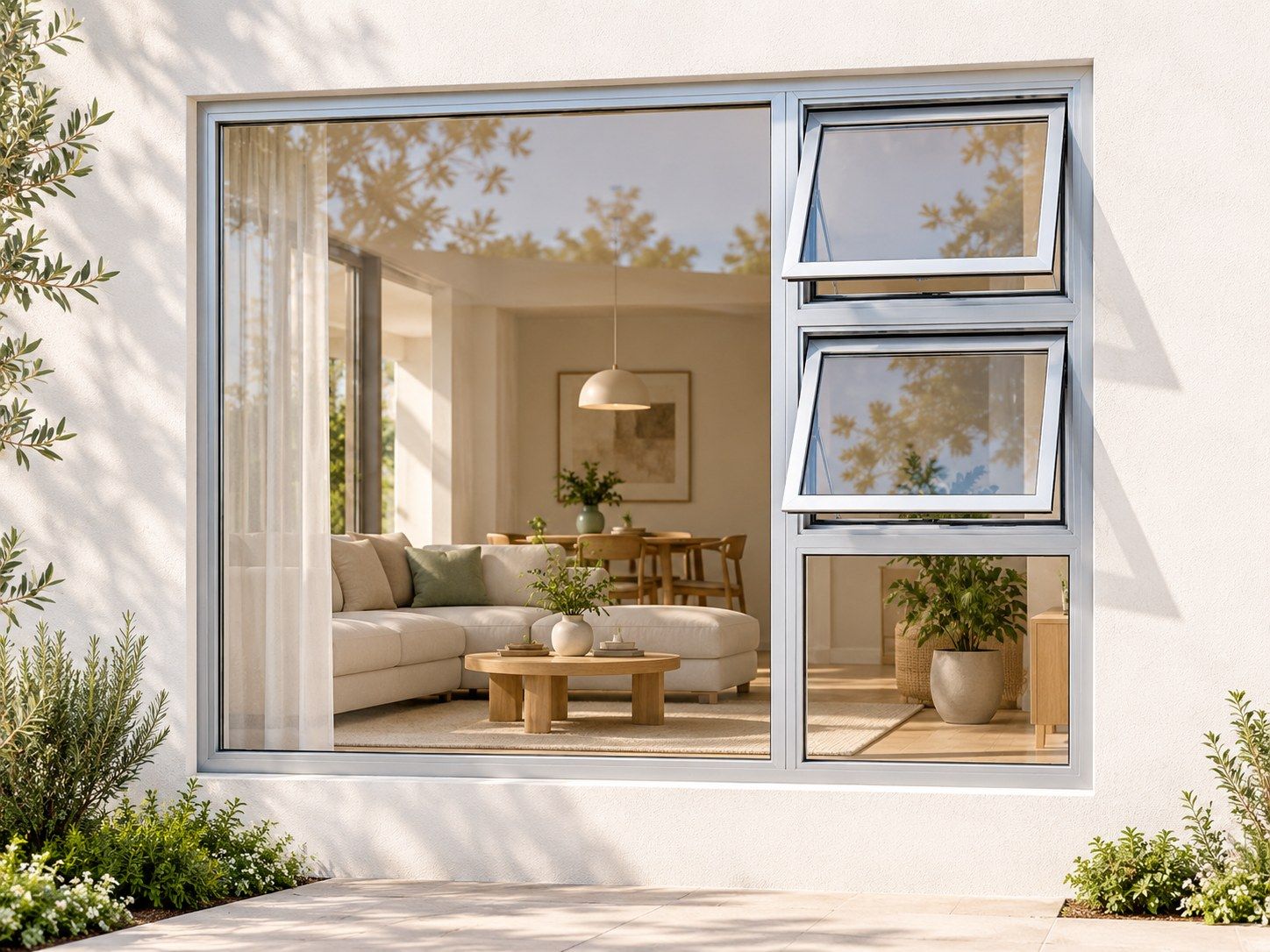 Kenzo Premium Top-Hung Aluminium Window - Silver, 2400 1800 mm, Right Two Openers with Fixed Lower and Side Panes, Clear Glass