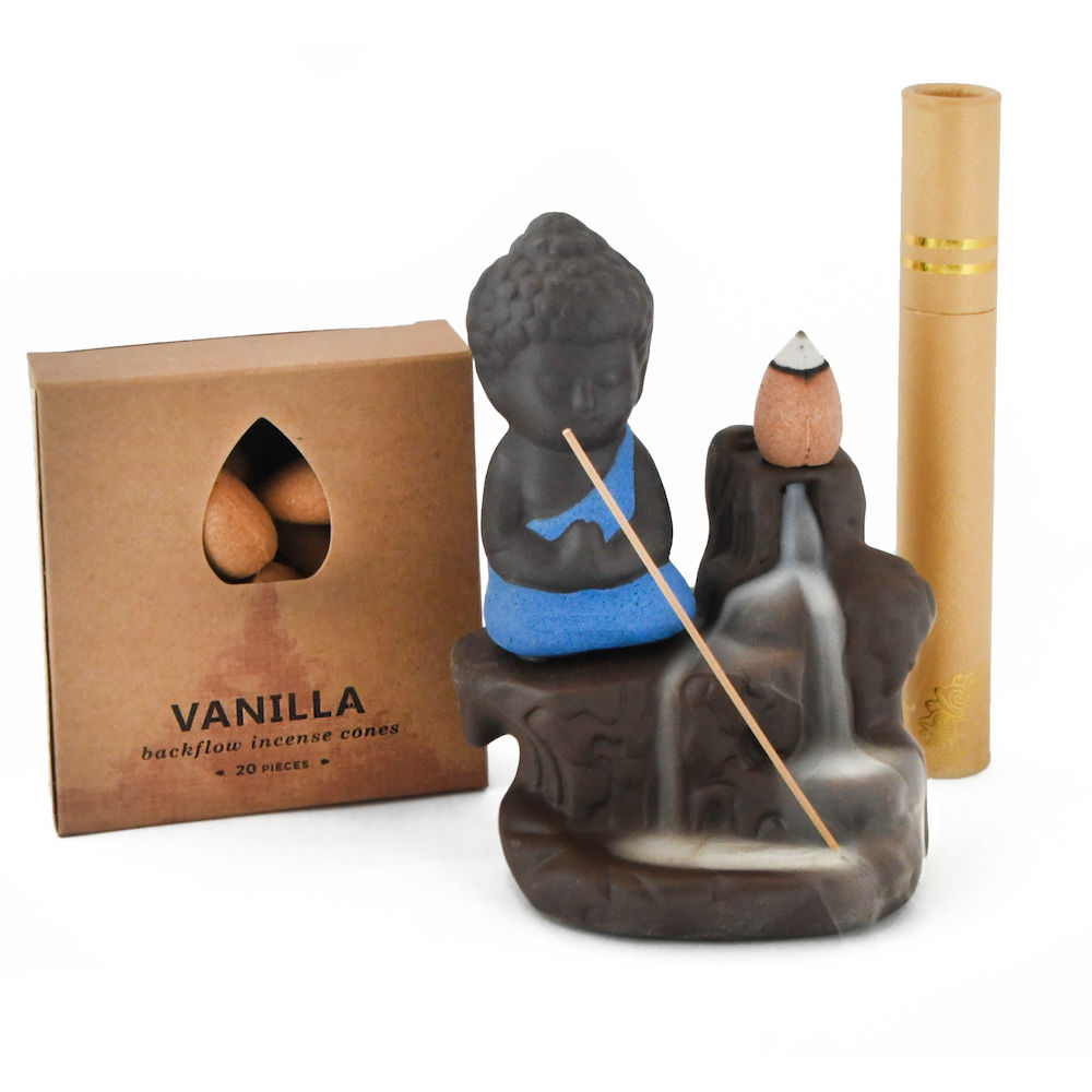 Ceramic Buddha Incense Burner with Backflow Incense Cones & Sticks