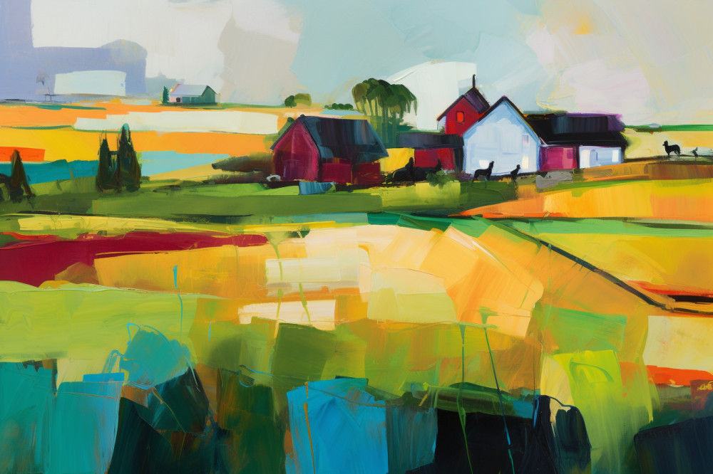 Canvas Wall Art - Abstract Painting Farmhouse Stands Proud - A1513 - [120 x 80 cm]