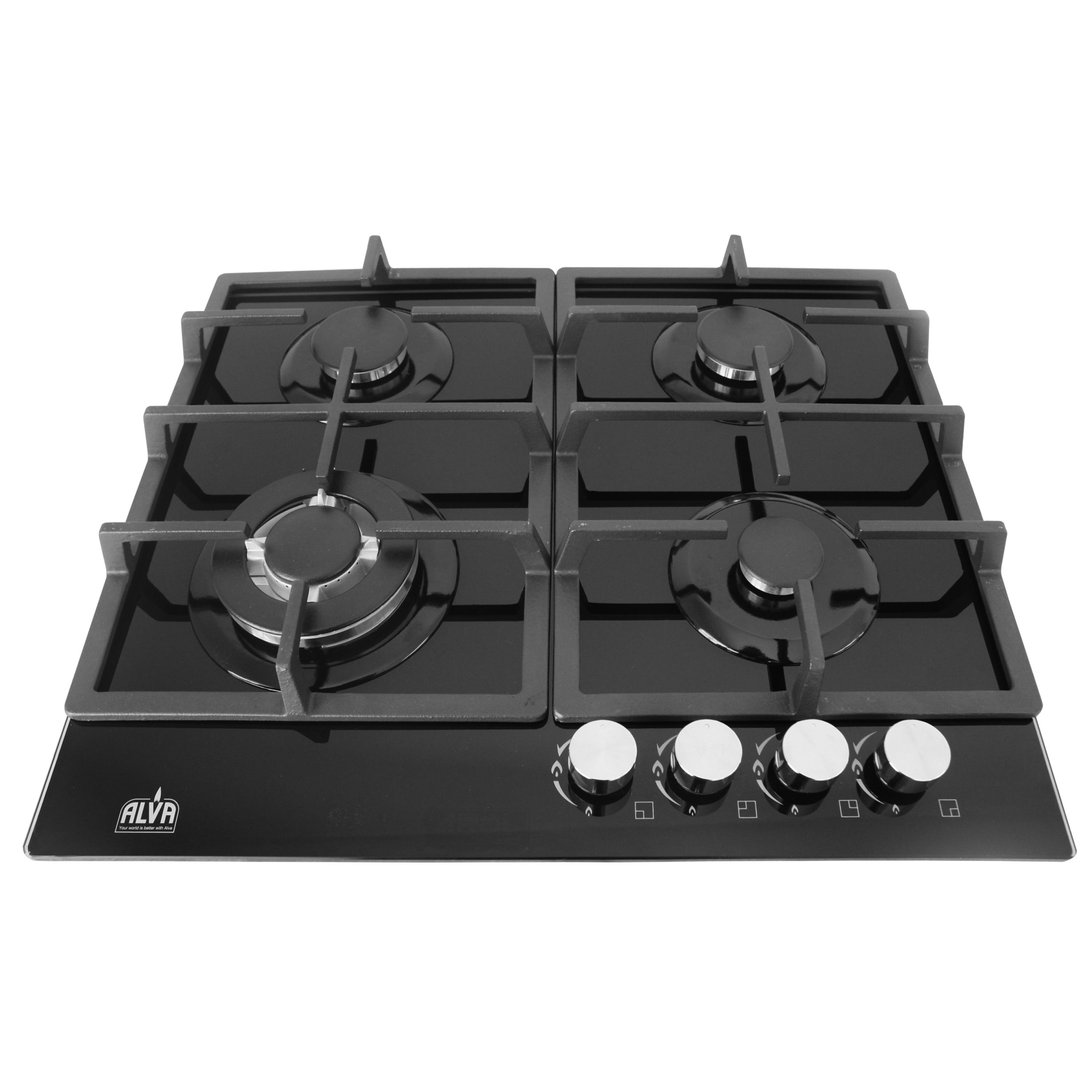 ALVA 60cm 4-Burner Gas Hob Black Glass Top Electronic Ignition LPGSA Certified 12 Month Warranty