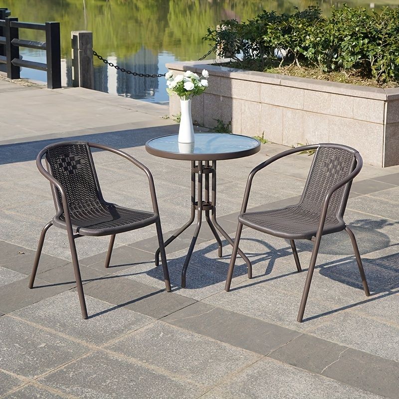 3 Piece Outdoor Wicker Set With Glass Top Table - BROWN