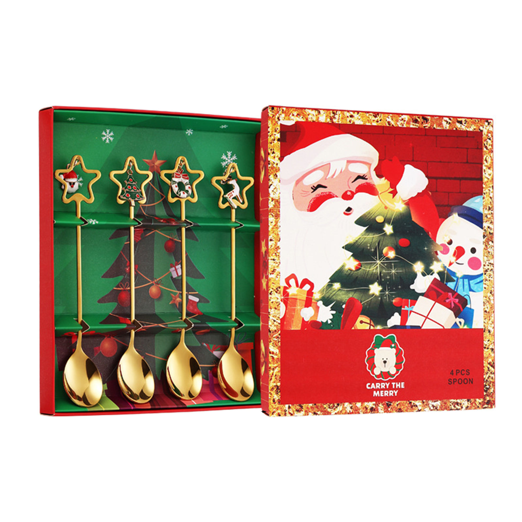 4 Pcs Stainless Steel Christmas Flatware Spoon Set with Christmas Pendant and Gift Box - Gold Spoon