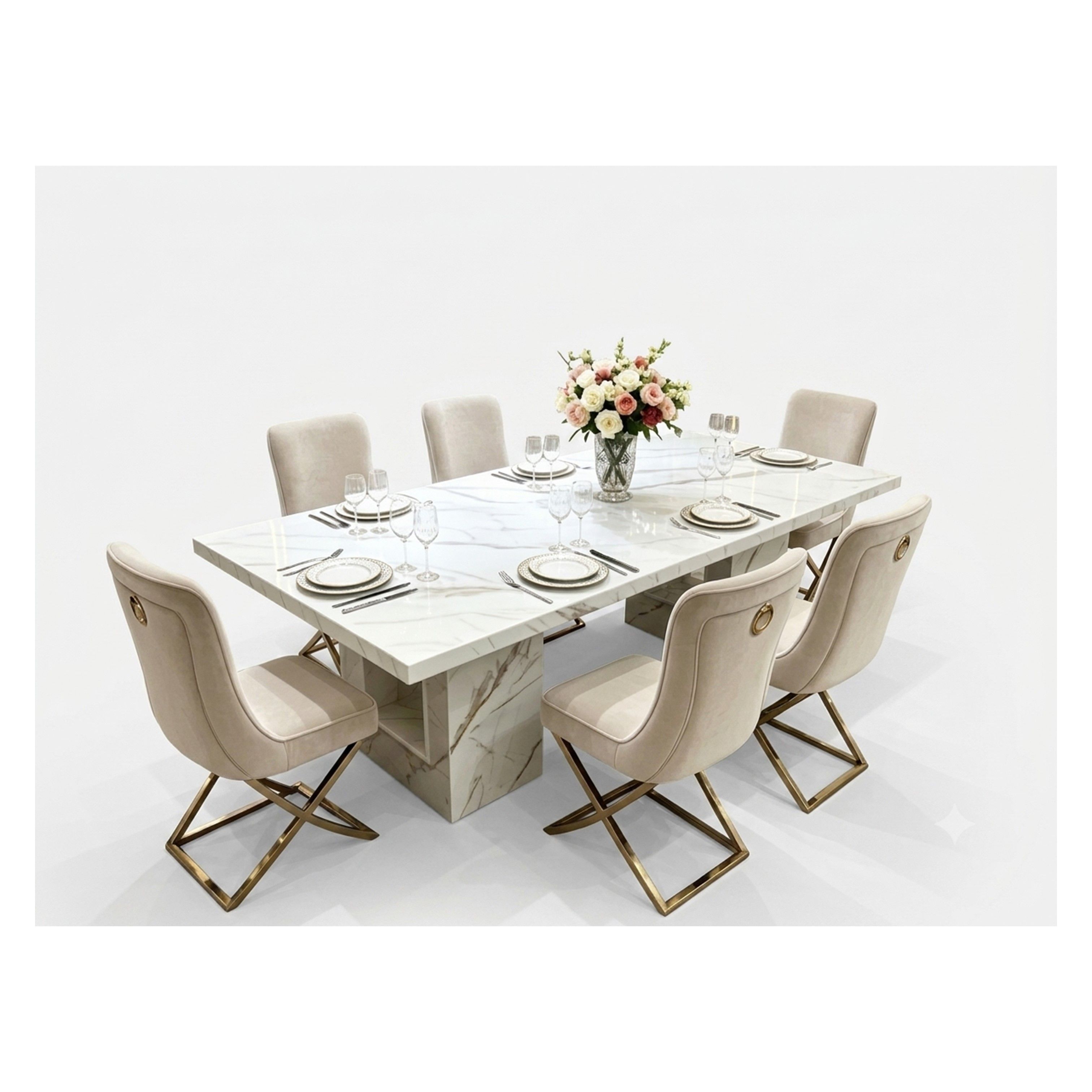 Madiega Furniture - Modern White Marble Dining Set with 6 Velvet Chairs & Gold Legs
