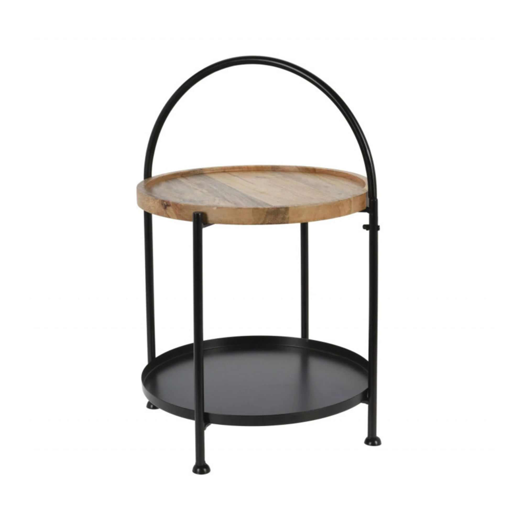 Double Tier Black Metal Side Table with Wooden Tray - 55x40cm